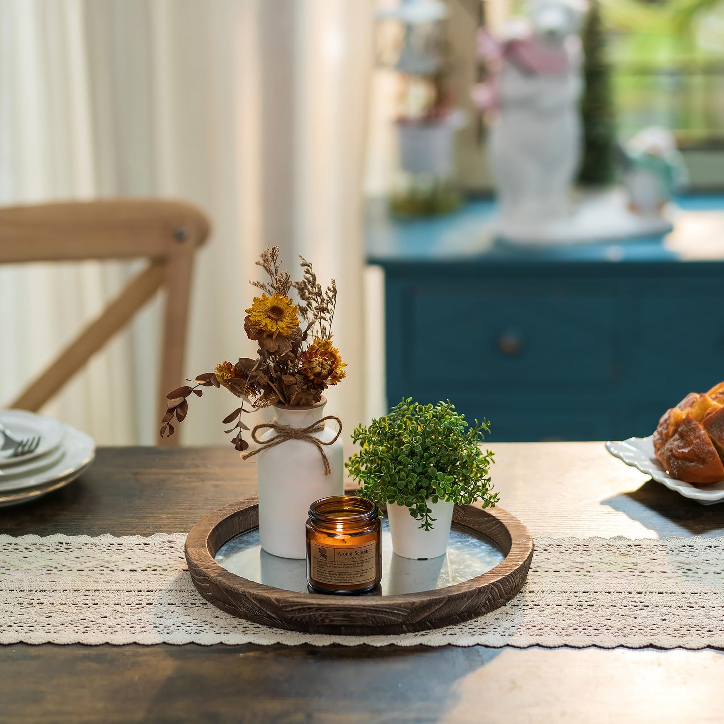 Hanobe Candle Plate Holder Tray: Round Wood Decorative Candle Plate - Rustic Farmhouse CoffeeTable Decor - Tealight Pillar Trays for Home Decor (Distressed Mirror)