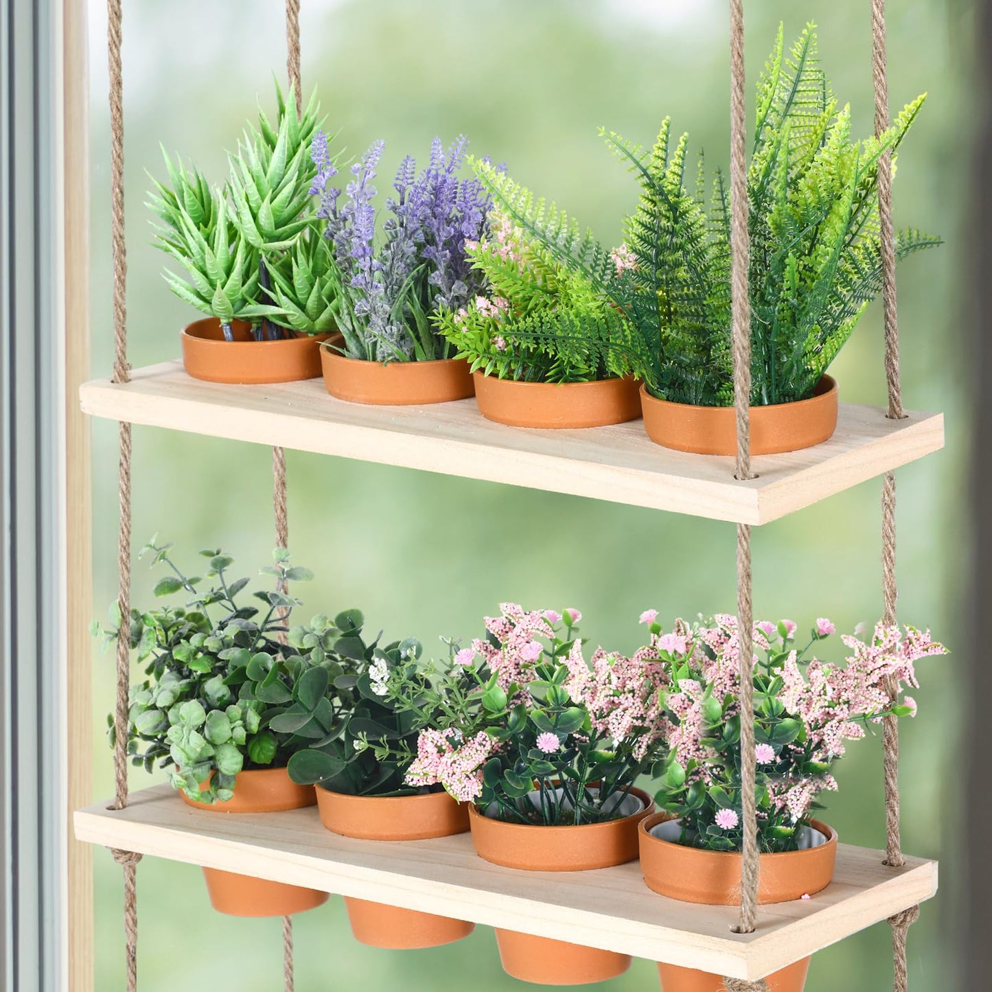 FillTouch 4 Tiered Window Plant Shelves Hanging Herb Planter Indoor Display with 16 Pcs Flower Pots Wood Window Plant Hanger for Grow Herbs Succulents Microgreens Seedling Organization