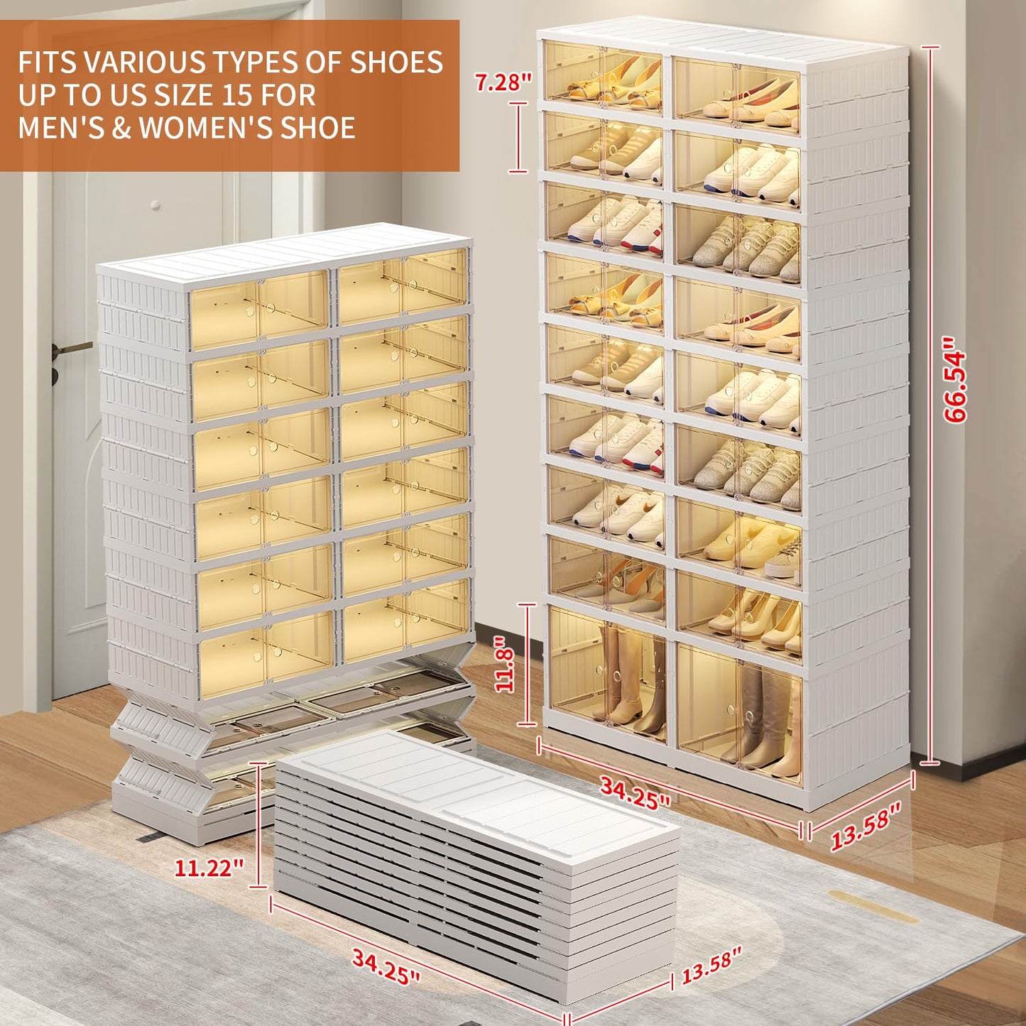 EHAMILY Foldable 9-Tier Shoe Rack Organizer for 18-36 Pairs - Collapsible Clear Plastic Shelf for Closet, Entrance or Front Door - Tall Stackable Folding Shoes Storage Boxes cabinet