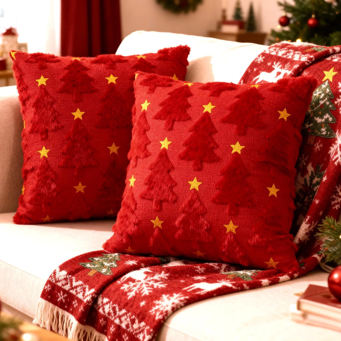 Hongsome Red Christmas Decor-Throw Pillow Covers 18x18in Set of 2,Soft Plush Faux Fur Pillow Case with Xmas Tree for Bedroom Large Couch Sofa Home Indoor Outdoor Holiday Decorations