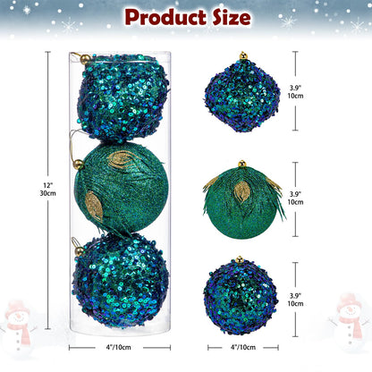 Briful 3.93'' Christmas Ball Ornaments Xmas Tree Decorations, Elegant Peacock Blue Christmas Ornaments for Home Decor Indoor Garland Holidays – Set of 3 Unique Designs
