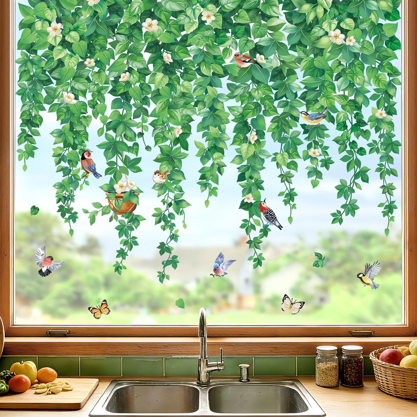 wondever Hanging Vine Eucalyptus Leaves Window Clings Green Plants Leaves Birds Glass Sticker Decal Anti Collision Double-Side Static Window Stickers for Home Glass