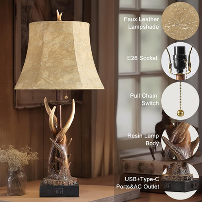 BOWOBO Antler Table Lamps Set of 2 with USB A+C Ports for Bedroom Farmhouse Deer Rustic Bedside Lamps with Faux Leather Bell Shade for Living Room End Table Hunting Themed Cabin Lamp Pull Chain