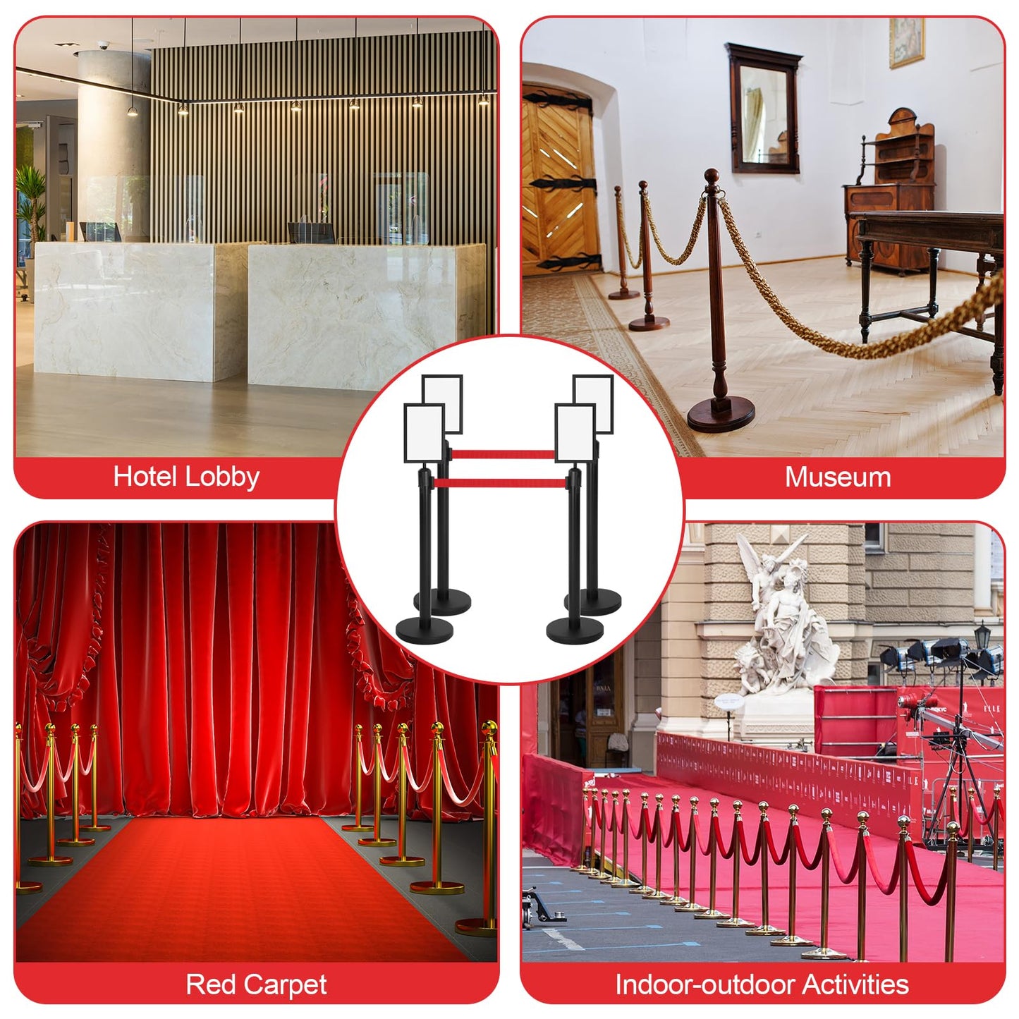 Therwen 12 Pcs Stanchions with 8.2 ft Retractable Belt Red Crowd Control Stanchions Set and Stanchion Post Sign Easy to Assemble Line Dividers Queue Ropes for Theaters, Weddings, Exhibitions