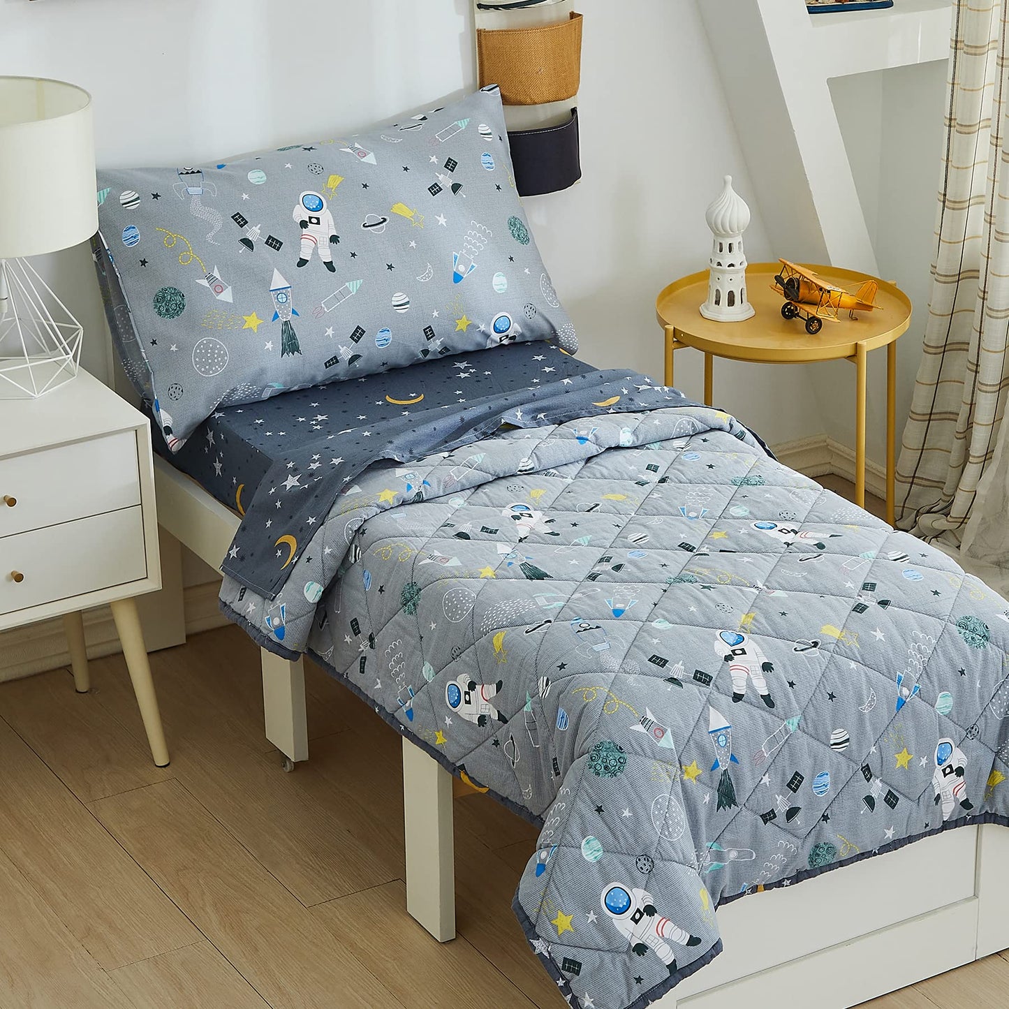Brandream 4-Piece Toddler Bedding Sets for Boys Space Rocket Galaxy Bed Sheet Set Girls Includes Comforter, Top Flat Sheet, Fitted Sheets and Pillowcases, Cotton
