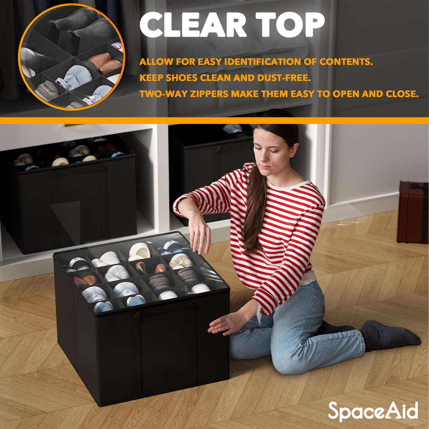 SpaceAid Shoe Organizer for Closet, 2 Pack Foldable Shoe Storage Containers Baskets Boxes Bins w/Adjustable Dividers, Fits 16-32 Pairs, Black