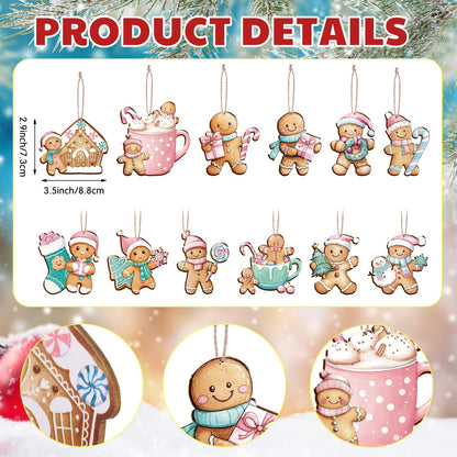 Kathfly 24 Pcs Pastel Pink Gingerbread Christmas Ornaments Wooden Gingerbread Men Cookies with Hemp Rope Cute Christmas Hanging Decorations for Xmas Tree Holiday Party Decor
