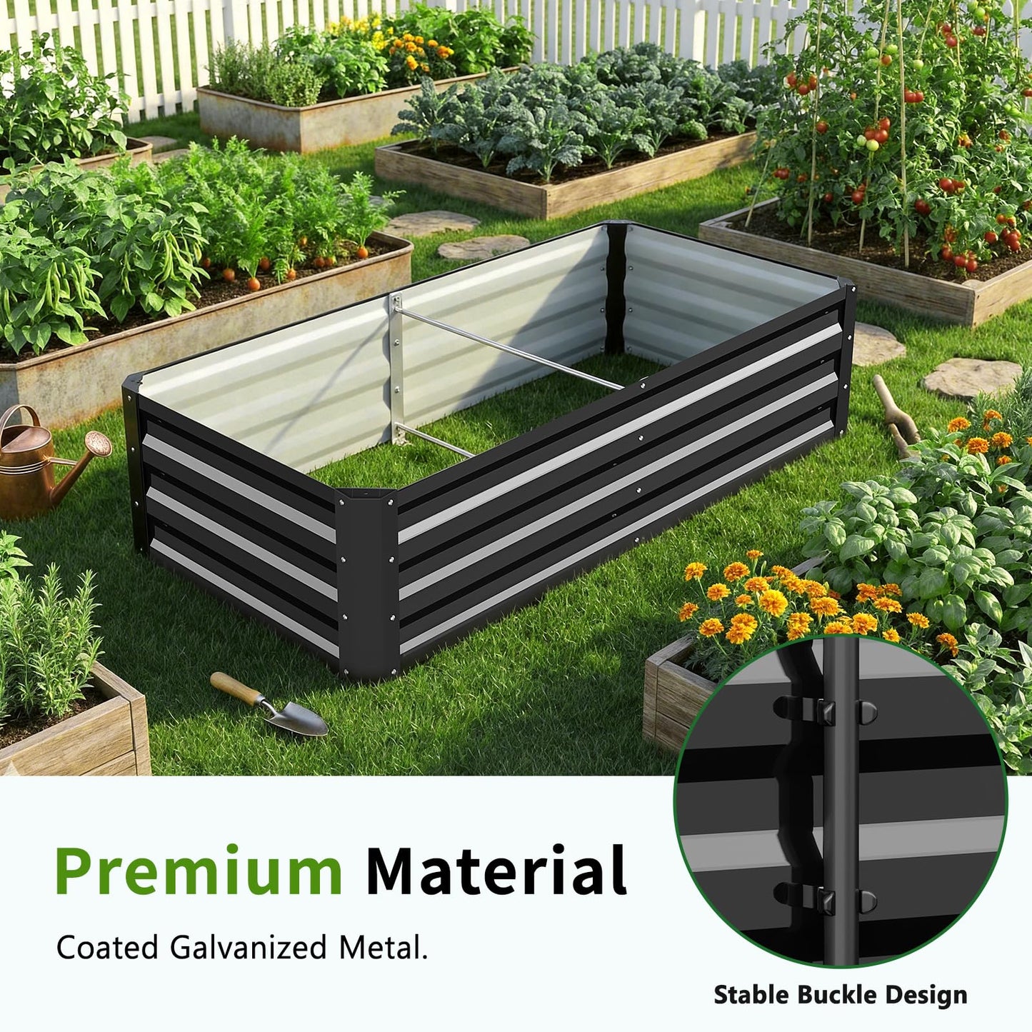 DoCred 3 in 1 Galvanized Raised Garden Bed, 2Pcs Metal Garden Planter Box with 87" H Trellis for Climbing Plants, Outdoor Gardening Raised Beds with Climbing Net for Fruits, Vegetables, Flower (Black)