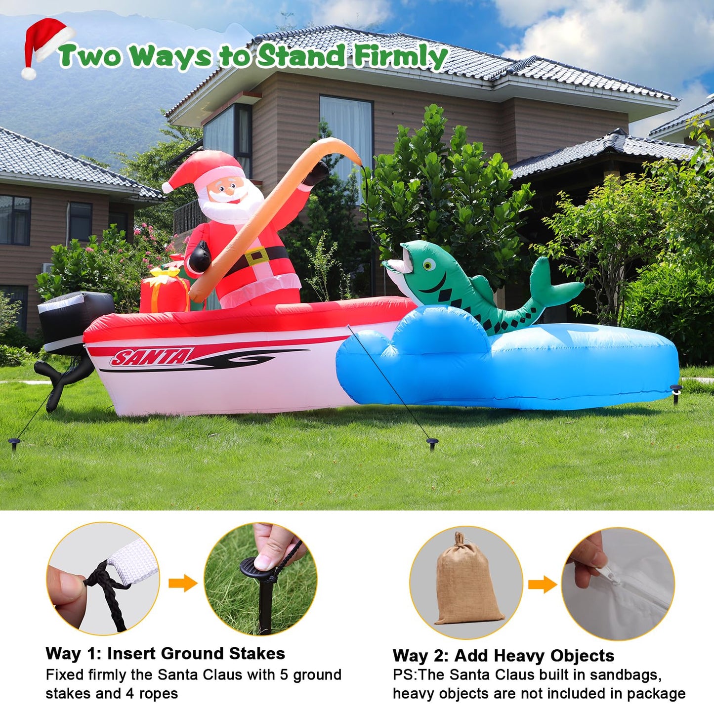FunFanso 11FT Christmas Inflatable Santa Claus Fishing on The Boat, Blow up Outdoor Decorations with Built-in Bright LED Lights, Vibrant Xmas Festival Decor for Lawn Yard Garden Holiday Party Porch