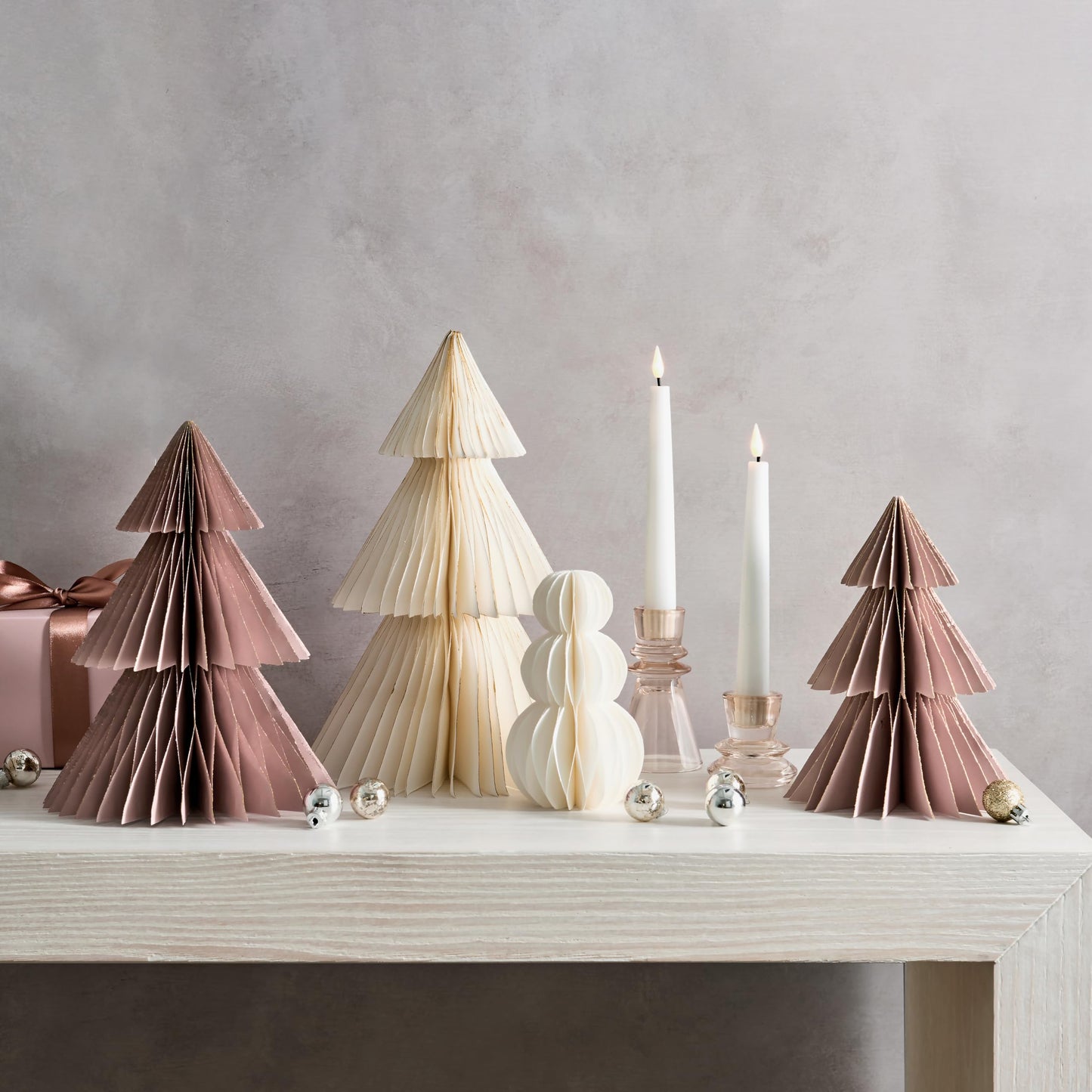 LampLust Paper Christmas Tree Decor, 2 Pack Dusty Rose Honeycomb Paper Trees, 10" & 12", Pink Decor, Winter Wonderland Decorations, Winter Decoration for Home, Winter Mantel Decor