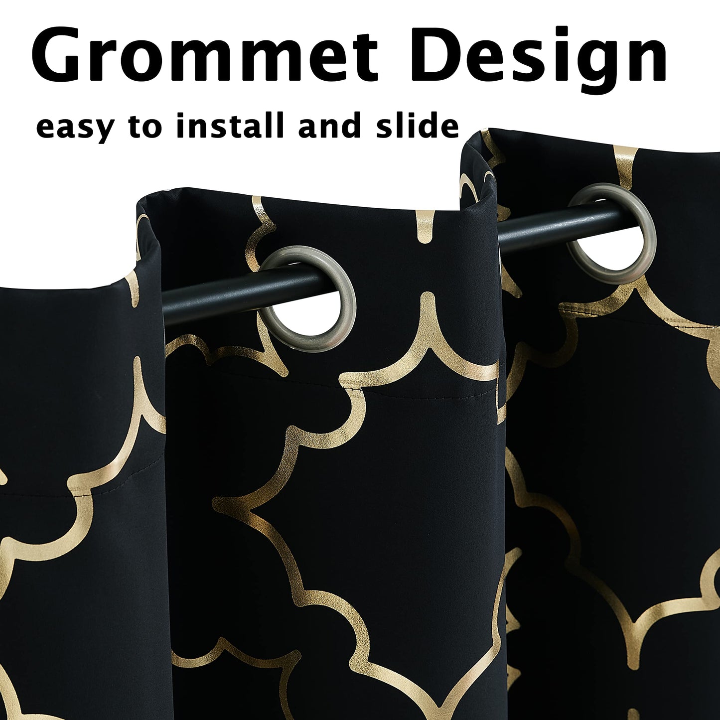 Purainbow Blackout Curtains for Bedroom, Gold Foil on Black Curtains 90 Inches Long Curtains for Living Room Metallic Moroccan Print Drapes, Energy Efficient Window Treatments Grommet Top 2 Panels