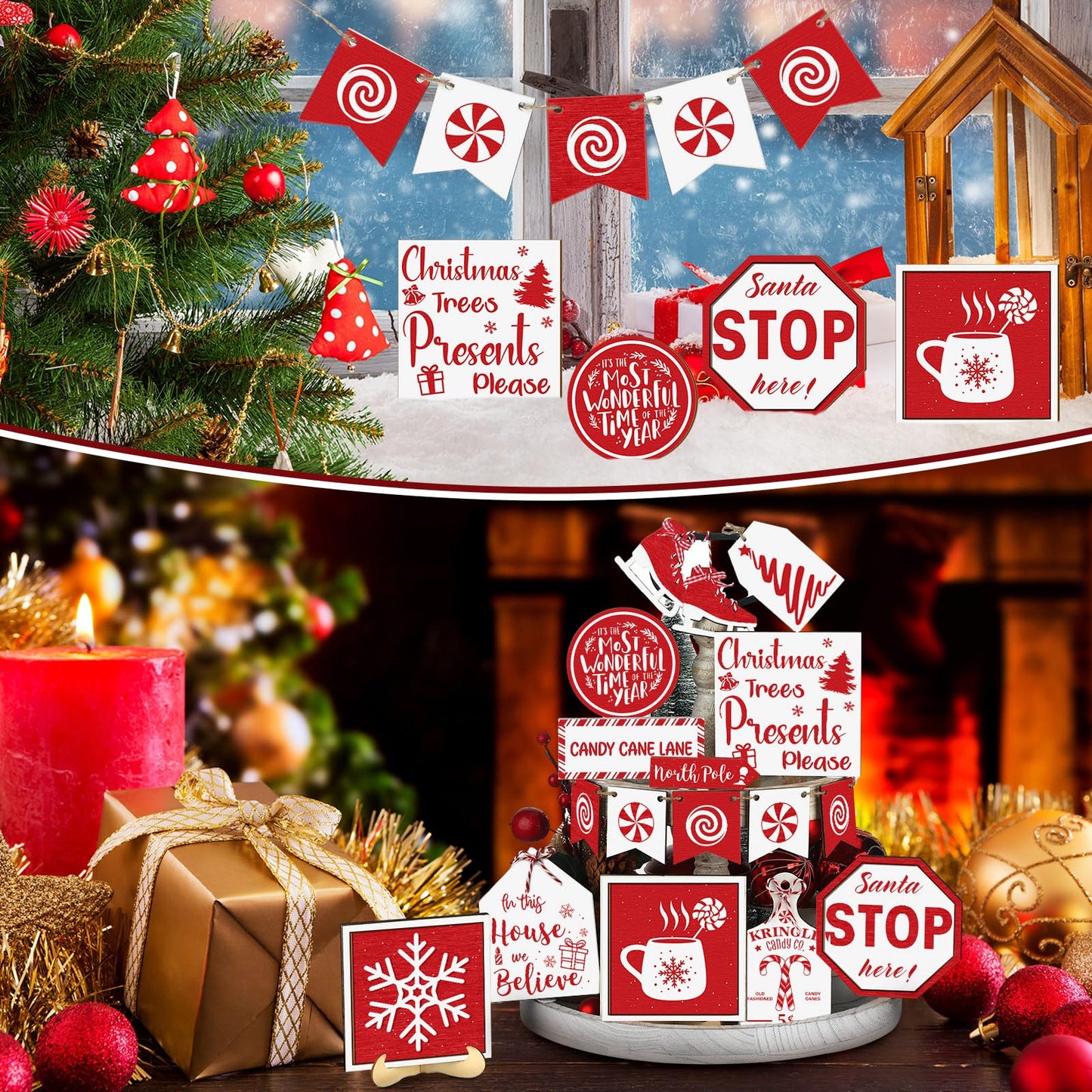 FairySandy 15 Pcs Christmas Tiered Tray Decor Rustic Christmas Decorations Candy Hot Cocoa Snowflake Wood Sign Xmas Tiered Tray Winter Farmhouse Rustic Table Decor for New Year Home Shelf Tabletop