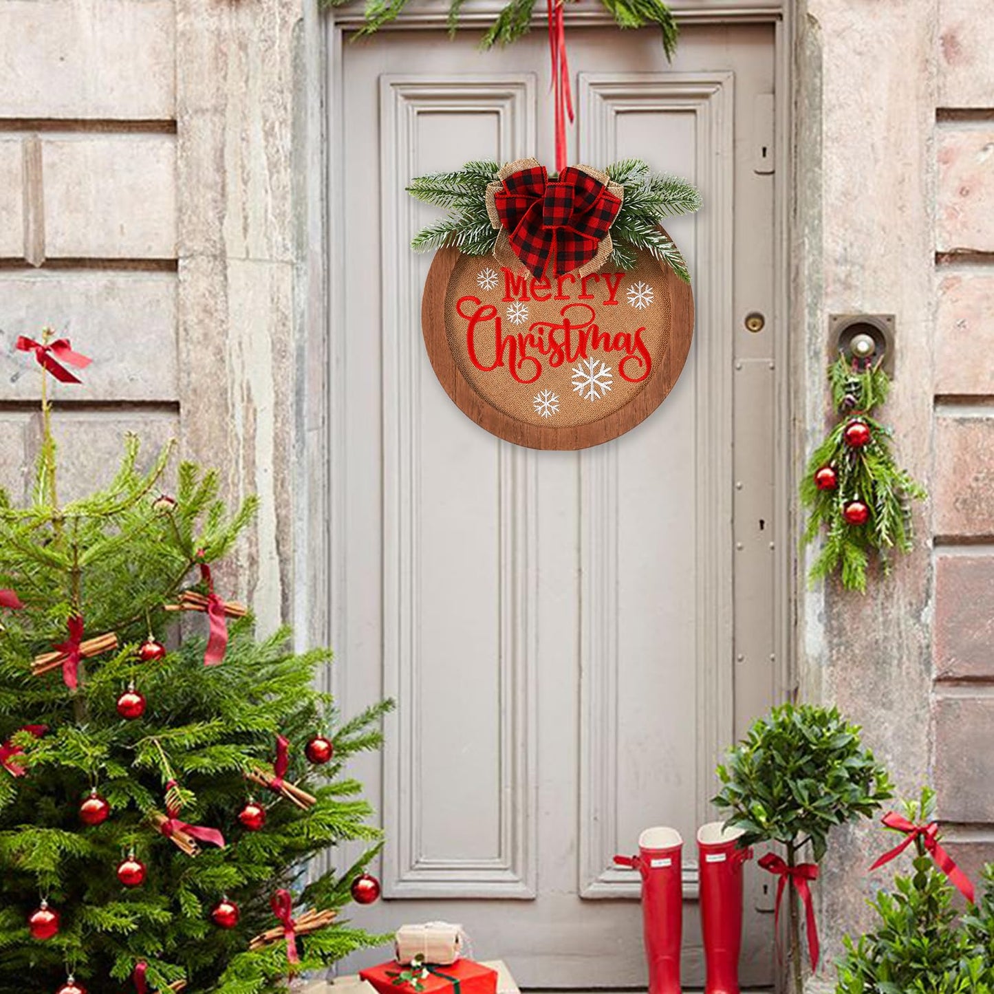 HOMCDALY Christmas Welcome Sign for Front Door, Winter Merry Christmas Wreath, Farmhouse Door Decoration Wooden Hanging Sign, Winter Home Decoration (F-Xmas)