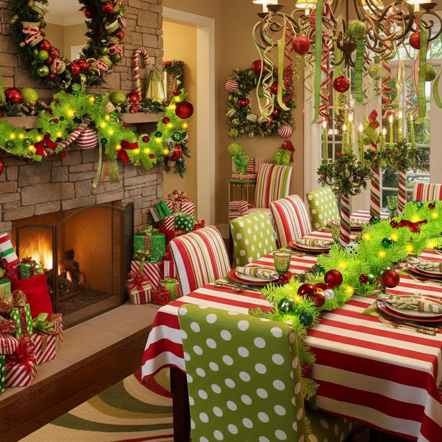 Jutom 6 Feet Christmas Green Garland with Red Green Balls Xmas Tree Winding Garland Artificial Furry Stripe Accessory for Front Door Fireplace Table Centerpiece Outdoor Decor