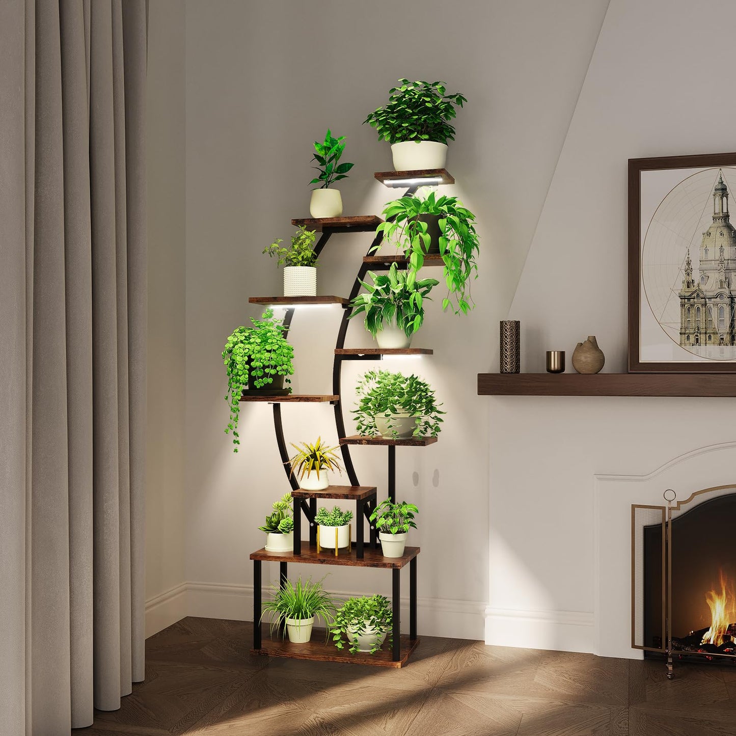 Plant Stand Indoor with Grow Lights, 63" Tall Plant Shelf, Lighted Corner Plant Stands for Indoor Growing, 9-Tier Large Flower Holder, Plant Display for Living Room, Black