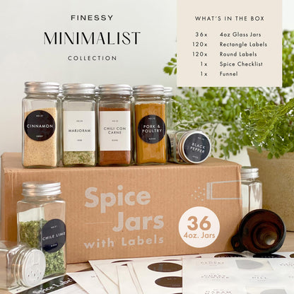 FINESSY Glass Spice Jars with Labels with Metal Lids and Shakers 24 Pack Set, 4oz Small Empty Air Tight Spice Containers with Labels, Clear Seasoning Containers Herb Bottles Kitchen Storage Organizer