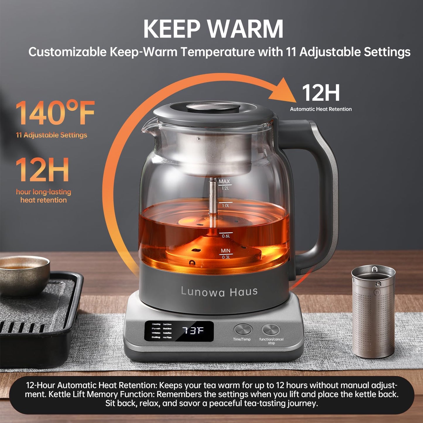 Lunowa Haus 120V Titanium & Glass Electric Tea Kettle, Pro Steam Extraction for All Teas (Green, Black, Oolong), 11 Temp & 10 Strength Levels, 1.2L, 12H Keep Warm, BPA-Free, 2 Infusers