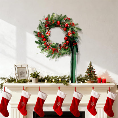 20" Christmas Wreath for Front Door, Christmas Door Wreath Decoration with Ball Ornaments, Red White Candy, Pine Cones Berries & Bow, Holiday Decoration