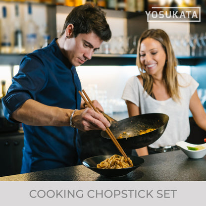 YOSUKATA Carbon Steel Wok Pan11.8 in + 17" Wok Spatula and Ladle and Turner + Reusable Natural Wooden Long Cooking Chopsticks Set of 3 pairs