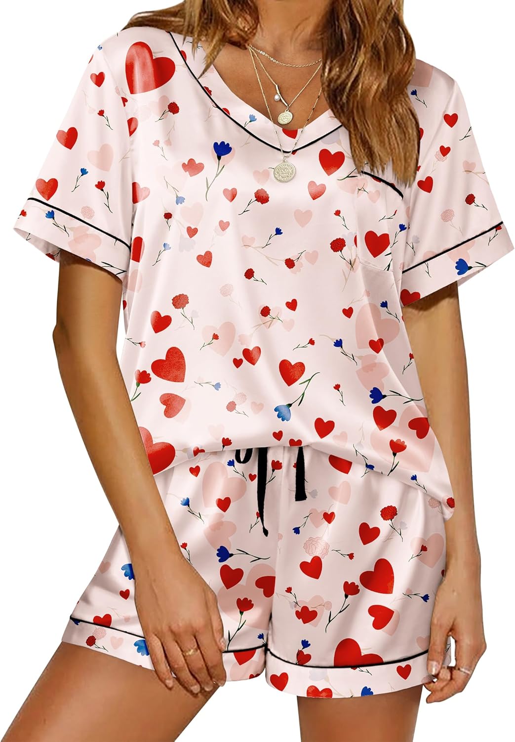 Ekouaer Silk Pajama for Women Short Sleeve Satin Pj Set Two Piece Soft Sleepwear Loungewear, S-XXL