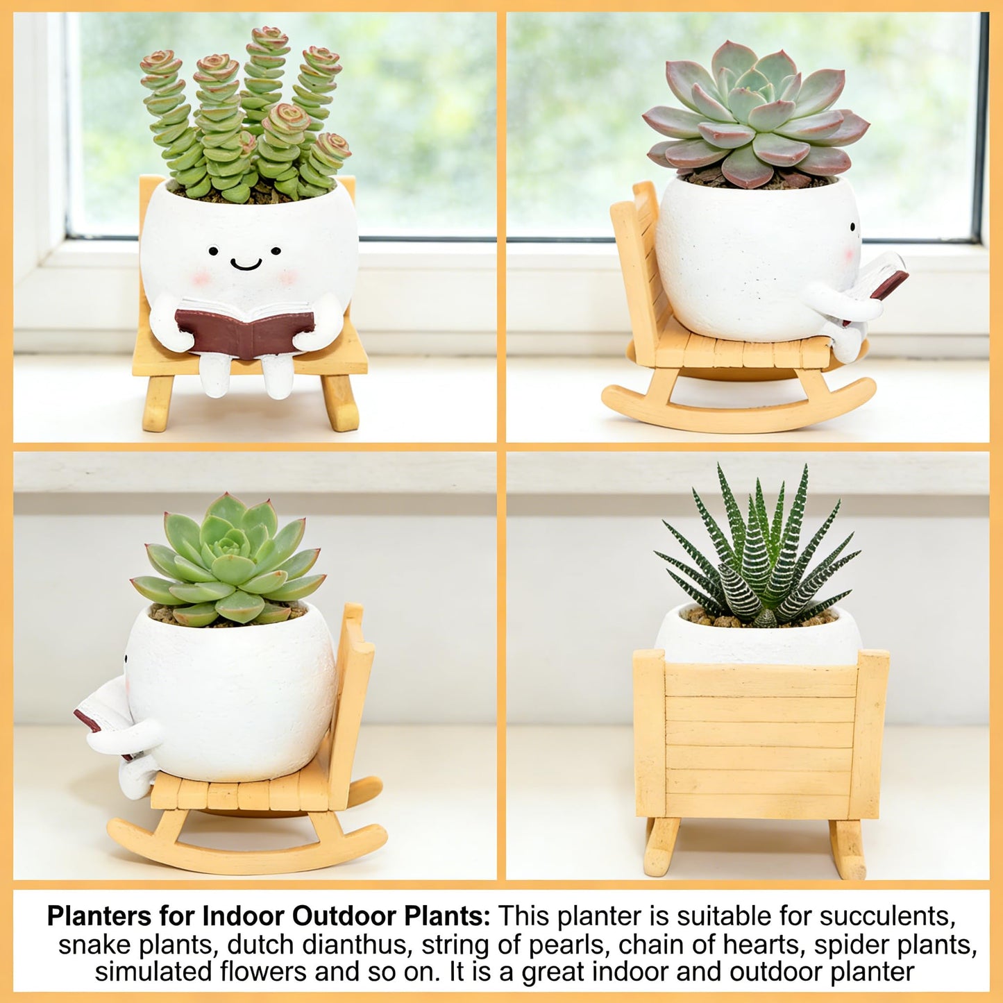 LAUGOKEBE Smily Face Reading Book Planter Pot, Cute Resin Flower Head Planters for Indoor Outdoor, Unique Sit Rocking Chair Succulent Pots with Drainage Hole Gift IdeaI for Christmas
