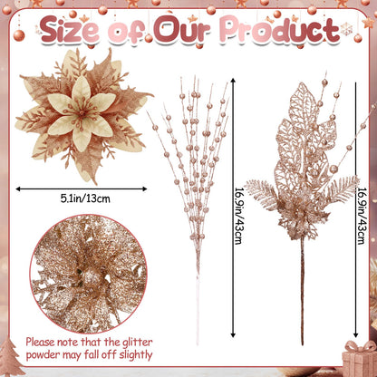 Heentan 22 Pcs Christmas Tree Decorations Set 8 Pcs Poinsettia Flowers Artificial with Clips 14 Pack Glitter Berries Stems Floral Picks Christmas Ornaments for Holiday Wreath Party Decor(Champagne)