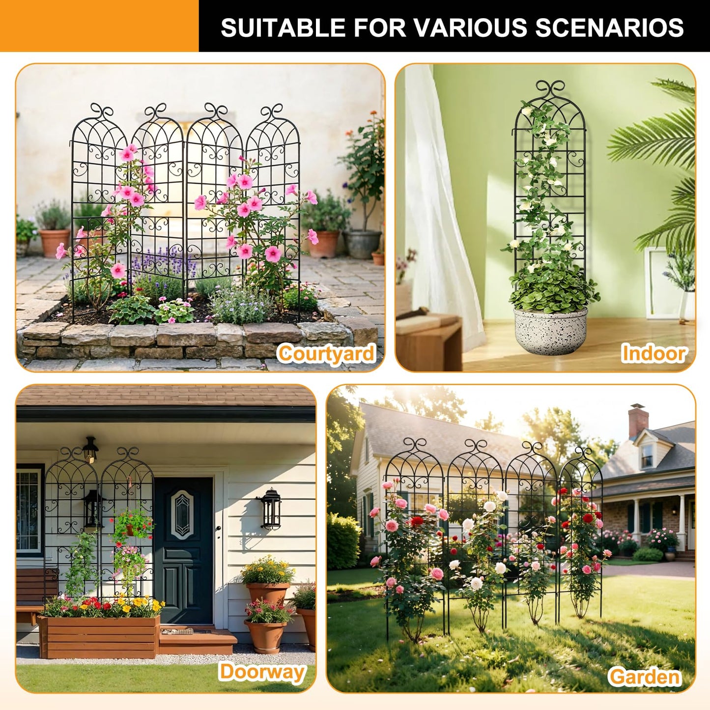 YOBAZAN 2 Pack 71" x 20" Garden Trellis for Climbing Plants, Heavy Duty Metal Plant Support for Outdoor Roses, Vines, Flowers, Vegetables, Black