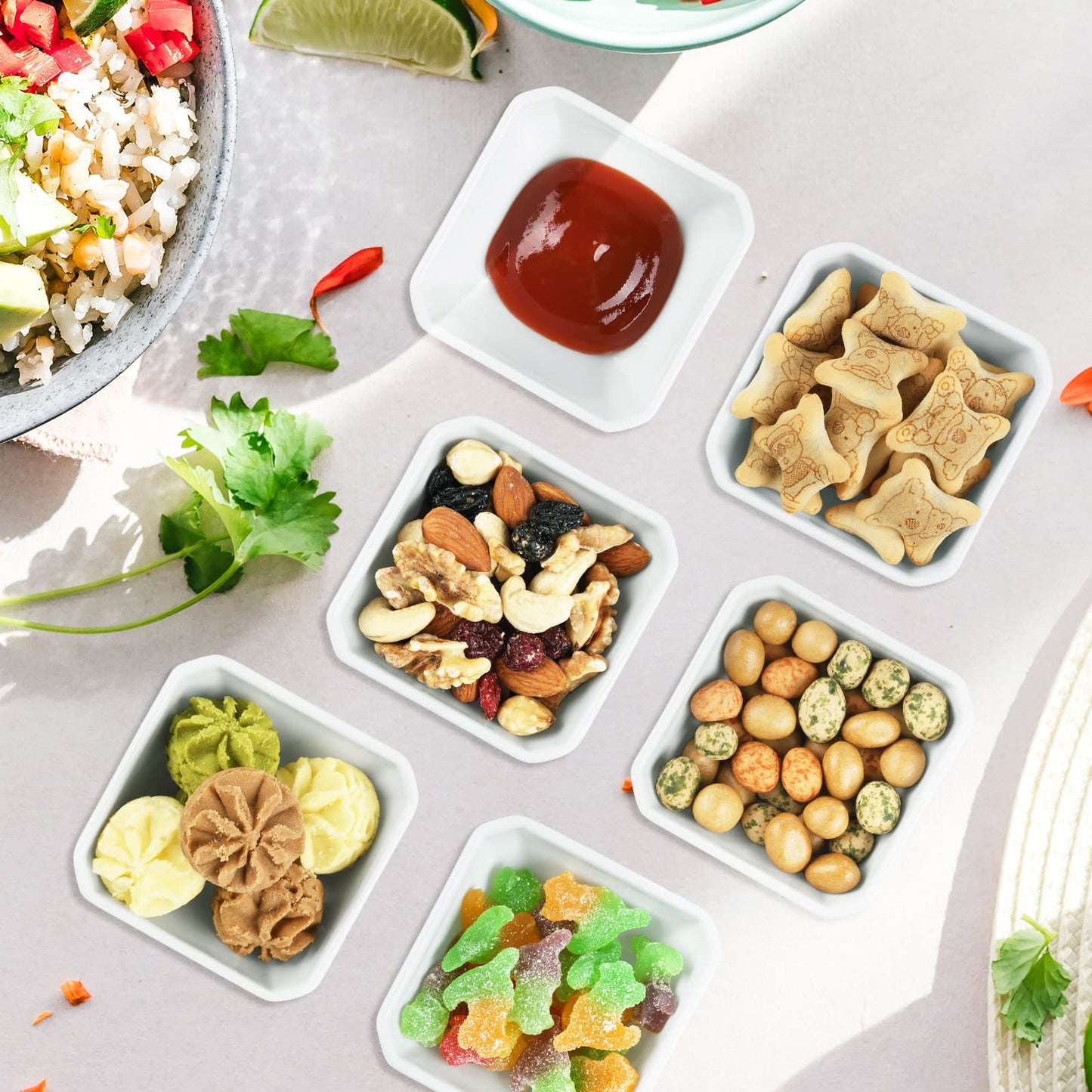 Yedio 3 Oz Square Dip Bowls Set of 6, White Ceramic Dipping Sauce Dishes, Mini Condiment Bowls for Soy Sauce, Sushi, BBQ, Ketchup, Vinegar, Party & Daily Use