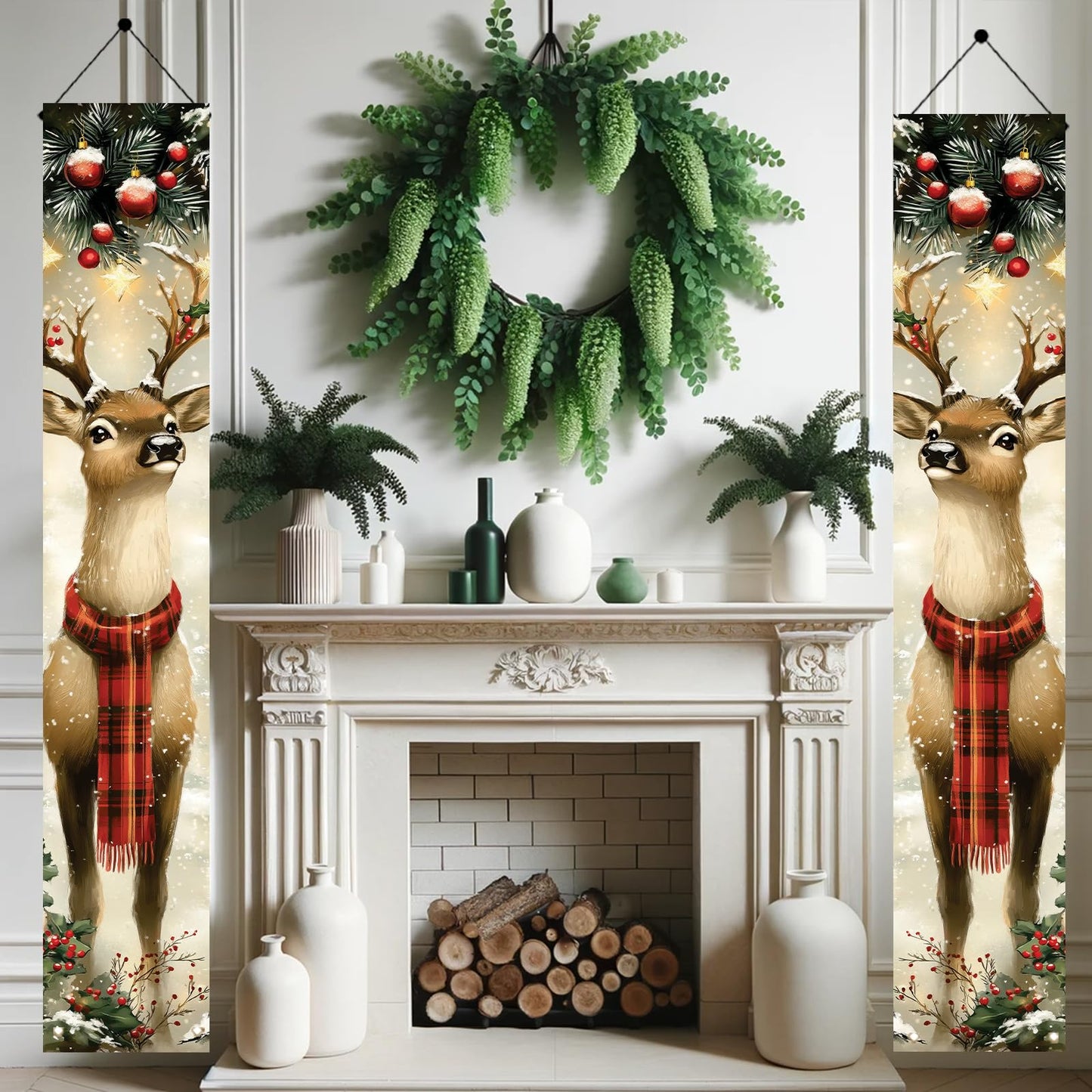 Saoplasa 2PCS Christmas Porch Banner Reindeer with Scarf Vertical Hanging Decorations for Front Door Outdoor Winter Holiday Welcome Sign Plaid Deer Wall Decor Xmas Entryway Background 71 x 12 Inch