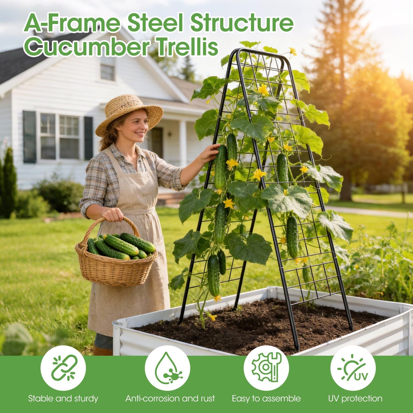 Heavy Duty Cucumber Trellis，50"x17" Adjustable A-Frame Trellis for Climbing Plants ，Metal mesh Design, Rust-Proof and UV-Resistant，Garden Trellis for Cucumber Beans and Vine Type Plants. Black &1Pcs