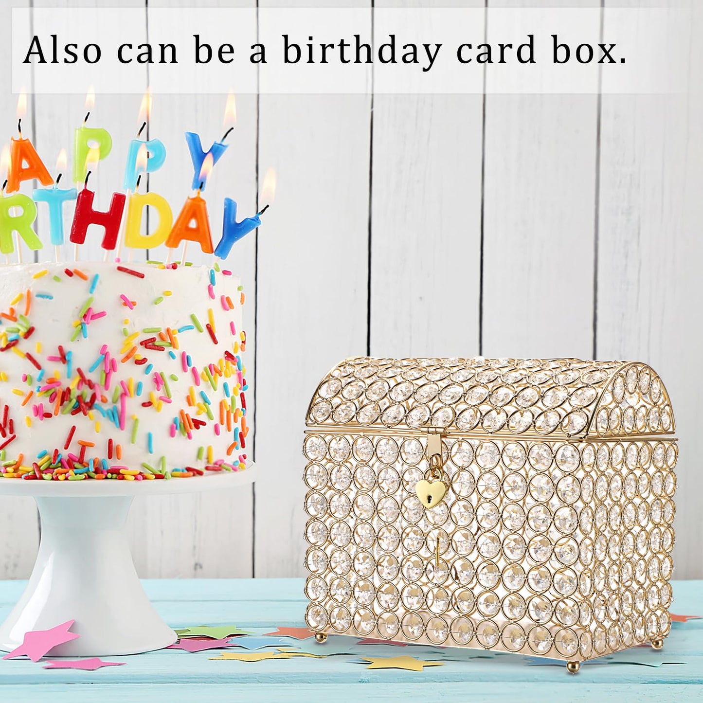 ELLDOO Crystal Wedding Card Box with Heart Lock, Money Card Box Treasure Chest Style Gold Gift for Wedding Receptions Centerpiece Decor Anniversary Keepsake Gift Display Csae, Medium