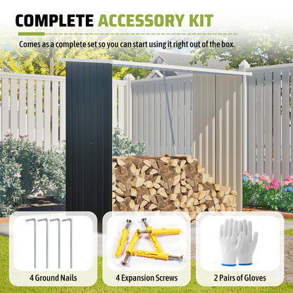 KEIKI Firewood Storage Rack with Sloped Roof, 62 Cu.Ft Weather-Resistant Patio Organizer, Outdoor Metal Storage Shed for Lawn Mower, Garden Tools, Backyard, Camping Gear