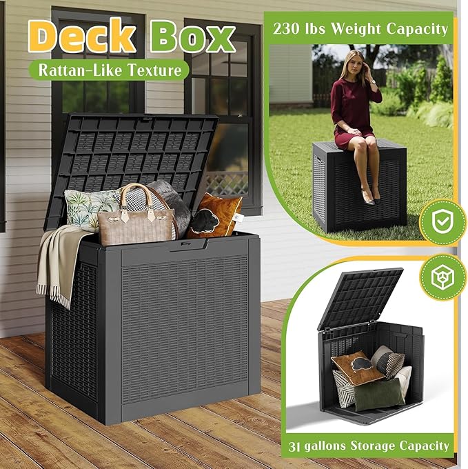31 Gallon Outdoor Storage Box Weather Resistant UV Protection Waterproof Resin Deck Box for Garden, Patio, Porch, Delivery(Rattan Black)