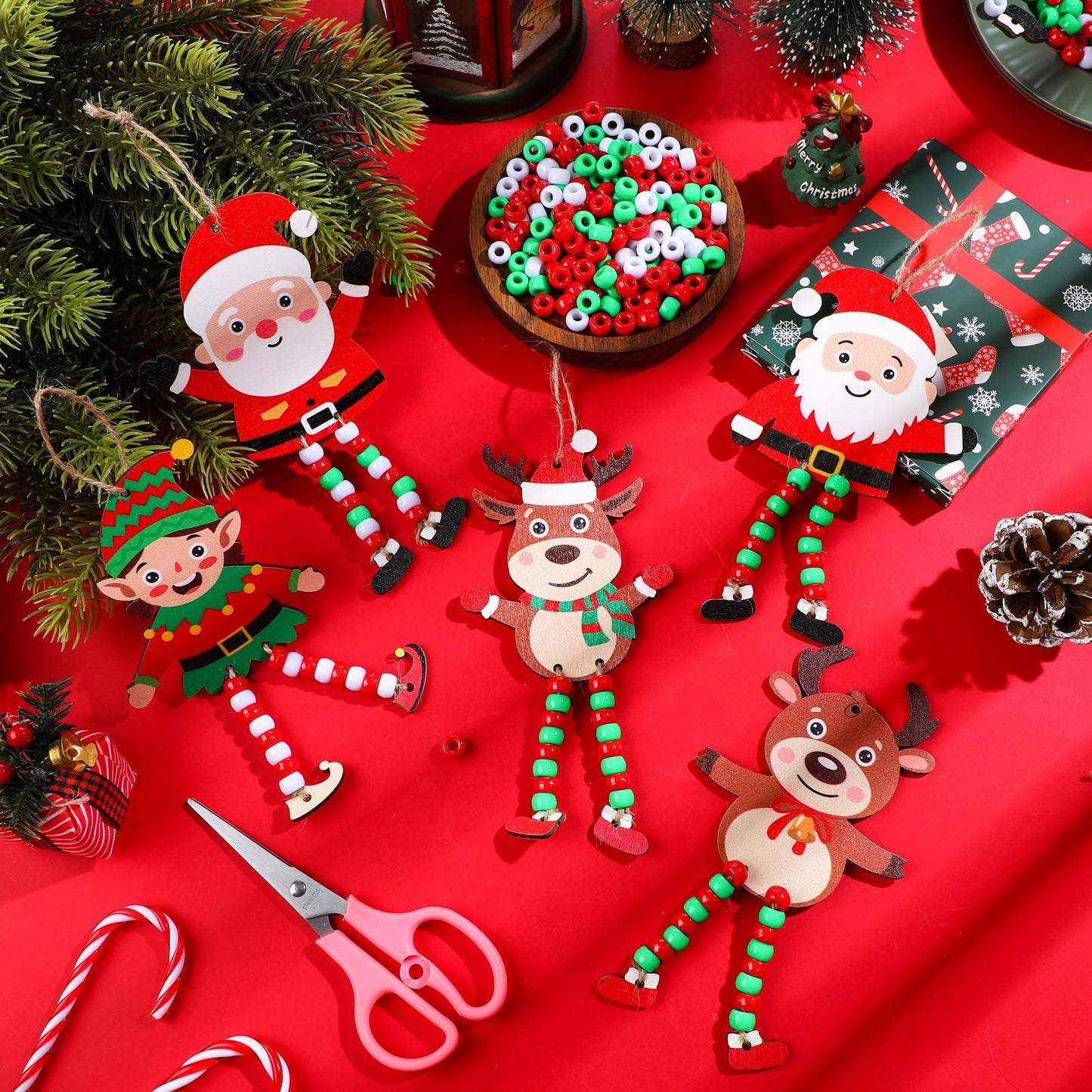 Cinnvoice 24 Sets Christmas Sign Craft Kits for Kids Winter Wooden Crafts with Beads Santa Claus Reindeer Elf Ornament Christmas DIY Craft Art Sets for Holiday Party Favors Classroom Activities Decor