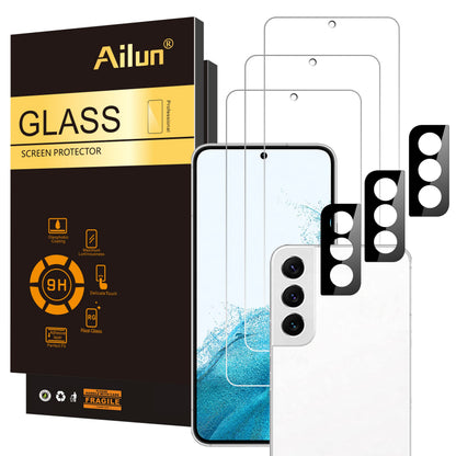 Ailun Screen Protector for Galaxy S22+/S22 Plus 5G 6.6 Inch Display 3Pack + 3Pack Camera Lens Tempered Glass Fingerprint Unlock 0.25mm Clear Anti-Scratch Case Friendly [Not For S22 Ultra]