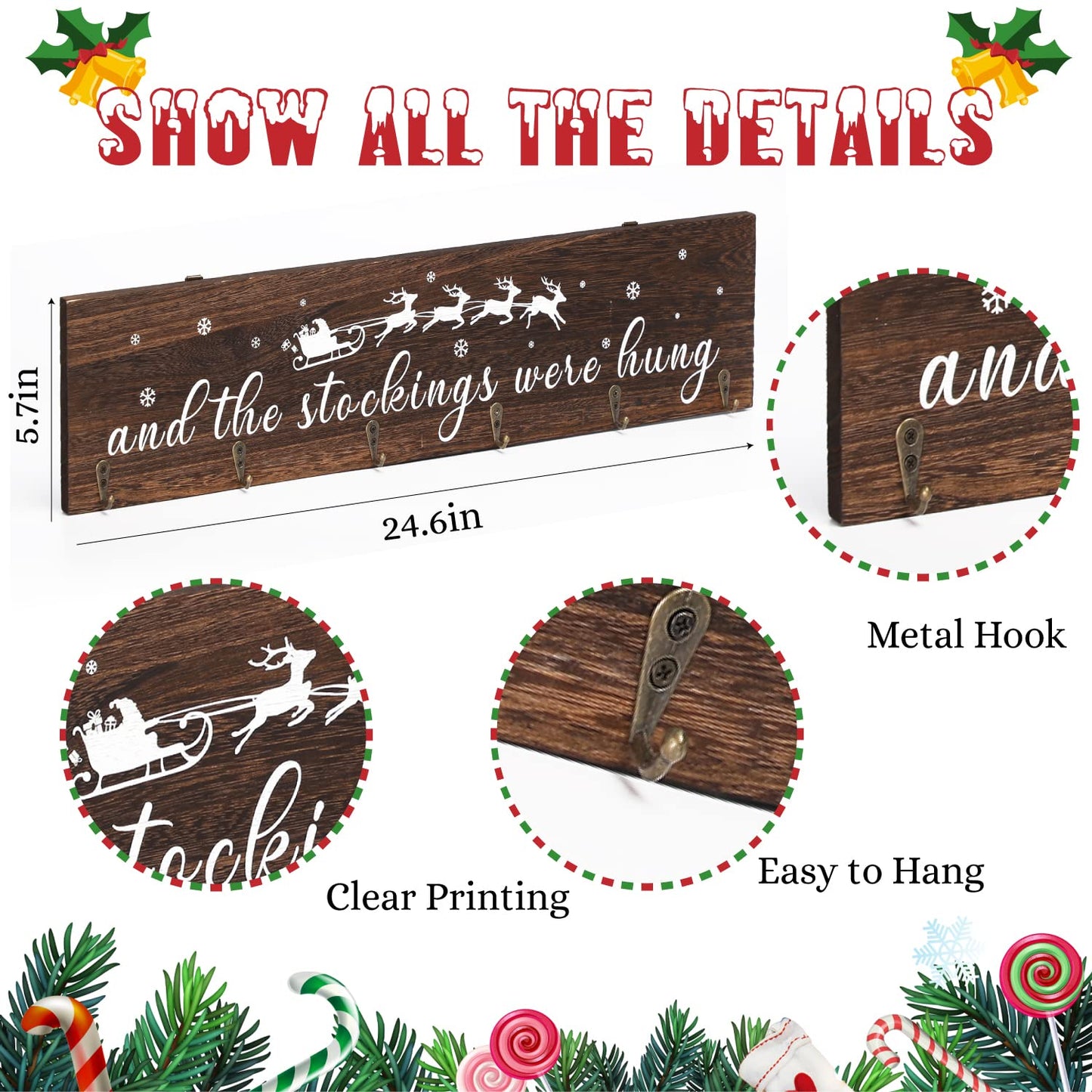 KORMMCO Christmas Stocking Holder, The Stocking were Hung Wood Hanging Sign, Stocking Holder for Wall, Xmas Stocking Holder with 6 Hangers for Fireplace Mantel, 24 inch,Brown,