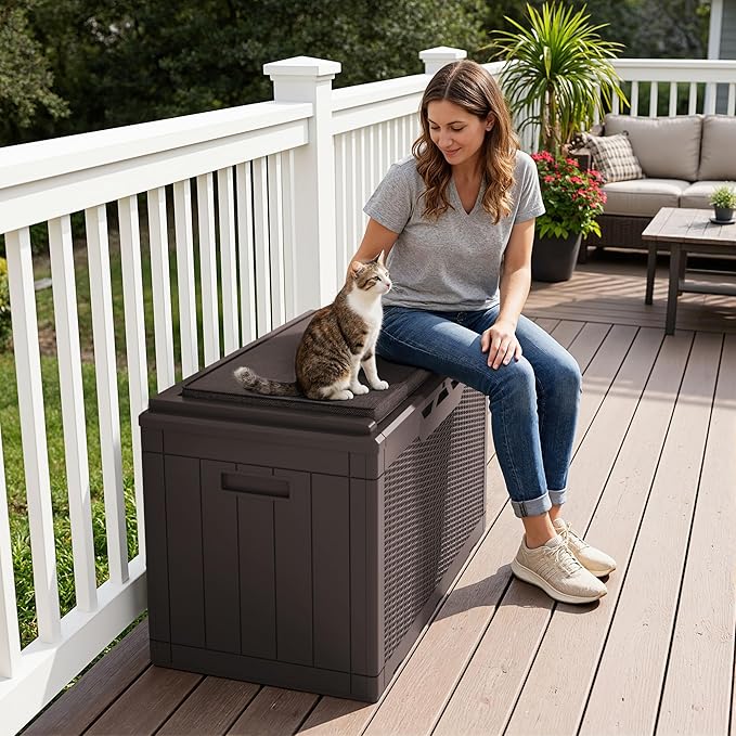Greesum 100 Gallon Resin Deck Box Large Outdoor Storage Boxes with Cushions for Garden Tools, Patio Furniture Pillows, Pool Supplies, Dark Brown