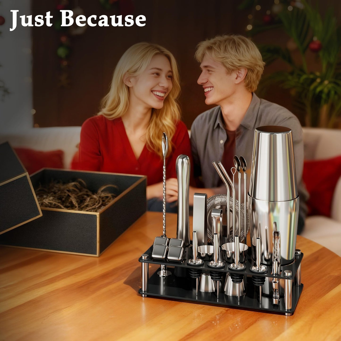 EffiQ-Rate 24 Piece Professional Boston Shaker for Cocktails, Stainless Steel Bar Kits for Bartender with Acrylic Stand, All Essential Bar Tools for Home, Party, Mixing Drinks, Silver