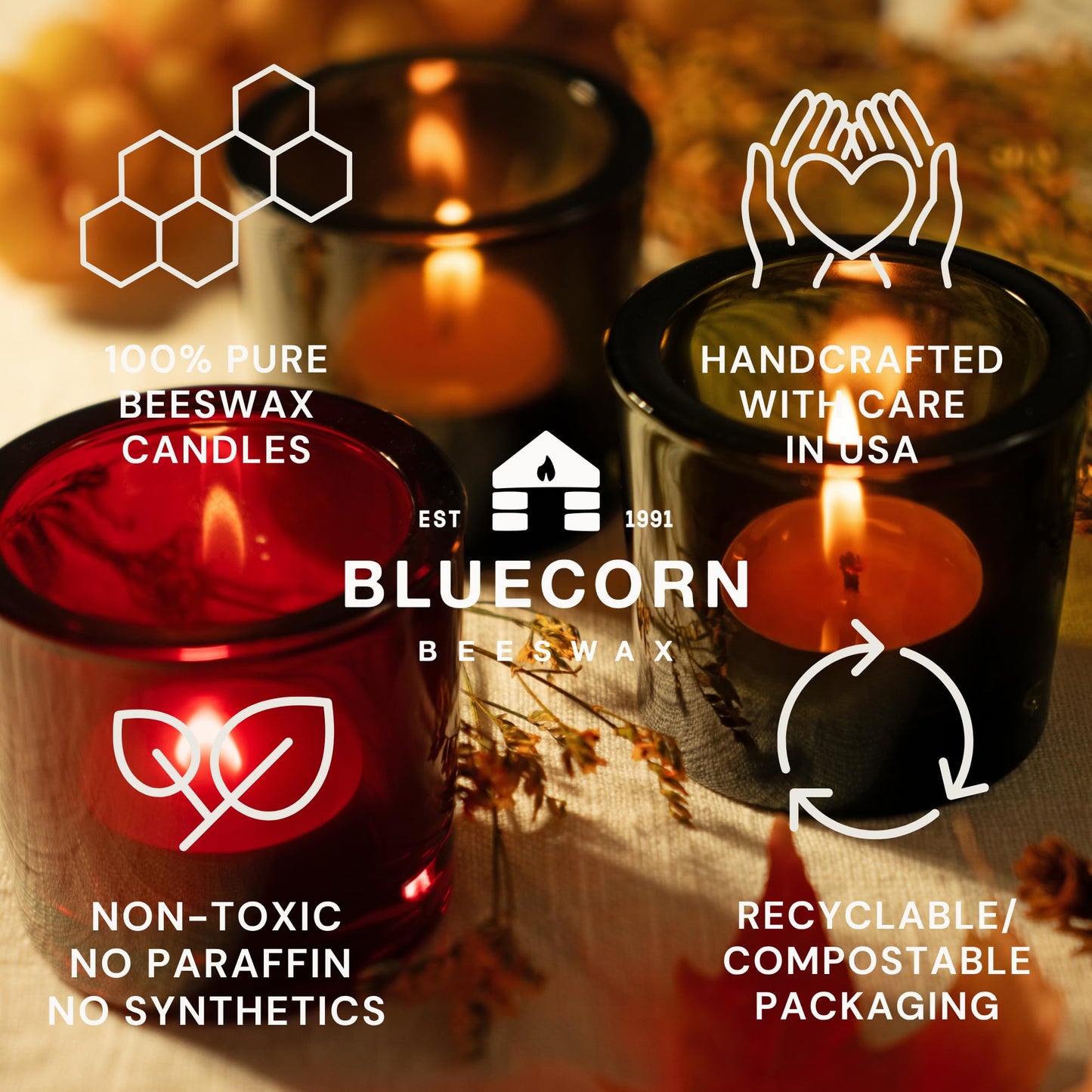Bluecorn Beeswax Tea Light Candles, 100% Pure Natural Bees Wax, White Tea Lights in Metal Cups, Fragrance Free, Paraffin & Soy Free Candle Wax, Clean Burning, Long Lasting, American Made, 48 Pack