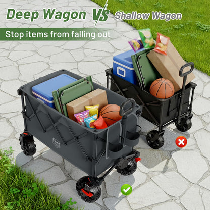 Timber Ridge Outdoor Collapsible Folding Wagon with Brakes and Cup Holders, 500lbs Heavy Duty All Terrain Wheels Utility Cart for Shopping Camping Garden Sports, Grey