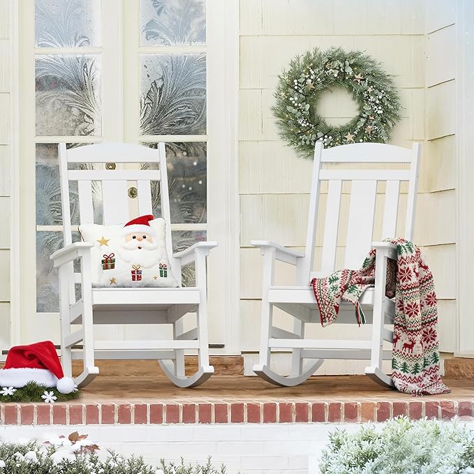 LUE BONA Outdoor Rocking Chairs Set of 2, Weather Resistant HDPS Poly Rocker Chairs, 350lb Heavy Duty, Oversized Porch Rocker for Adult, High Back Smooth Rocking Chair for Outdoor & Indoor, White