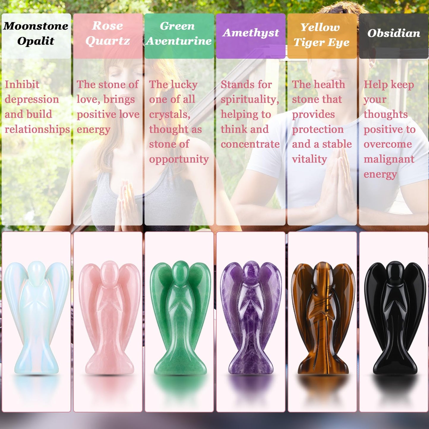 Hicarer 6 Pcs Small Crystal Angel Figurines Mini Guardian Statue Natural Gemstone Carved Pocket Crystal Figurines Stones Decor Gift Love Peace Healing (2 Inch,Multi Color)