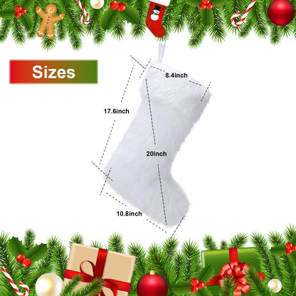JOVITEC 4 Pcs 20 Inch White Christmas Stockings Faux Fur Snowy Christmas Stockings Xmas Fireplace Hanging Stocking Candy Gift Bags for Holiday Decorations