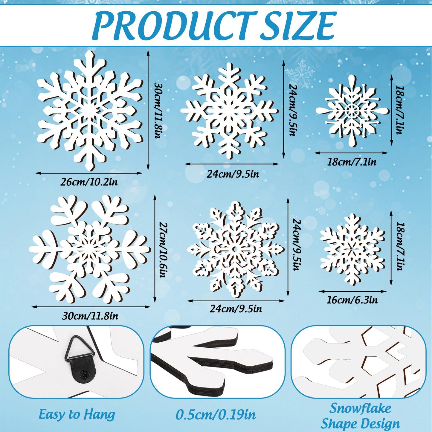 Whaline 6 Pcs Christmas Snowflake Wooden Wall Decor White Snowflake Shaped Wood Wall Art Sign with Hook for Home Farmhouse Xmas Winter Hanging Ornament