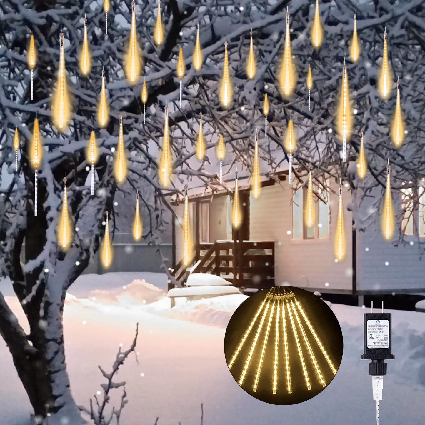Brightown Meteor Shower Lights Outdoor, 16 Inches 16 Tubes 576 LED Icicle Lights, Waterproof Meteor Christmas Light Outdoor, Hanging Falling Rain Light for Tree Holiday Party Christmas, Warm White
