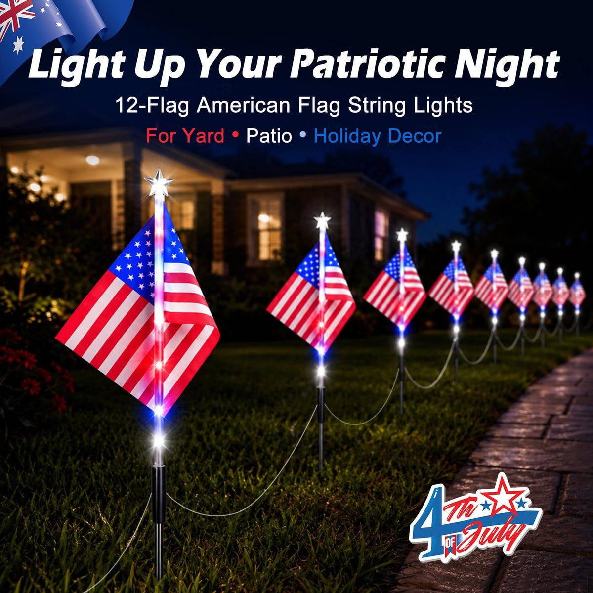 DTNESS 12 Pack 108 LED American Flag Pathway Lights, 4th of July Decoration Outdoor, Waterproof Patriotic USA Flag Stake Lights w/ 8 Modes, Red White Blue Lights for Memorial Day Independence Day