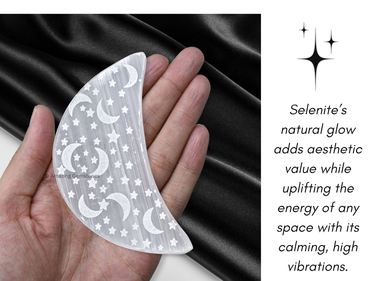 Amazing Gemstone Selenite Crystal Charging Plate for Crystals and Healing Stones, 4" Selenite Crystal Plate Engraved Star and Moon Coaster for Home, Office Table Decor (Selenite Crescent Moon)