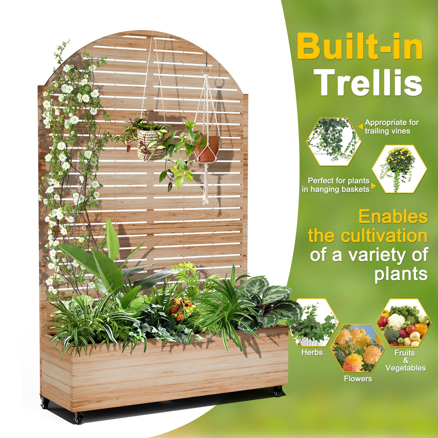 FENCY Metal Raised Garden Bed with Wheels and Trellis,Arched 73"x47"x16" Planter Box for Climbing Plants, Vegetables & Vines, Features Privacy Screen and Drainage Holes (Acacia Wood Finish)