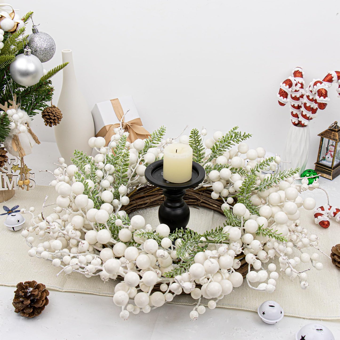 Yawwind 20 Inches White Christmas Wreath Farmhouse Winter Wreath Rustic Winter Wreaths for Front Door with White Berry Fir Pine Needle for Doors Window Indoors Porches Outside