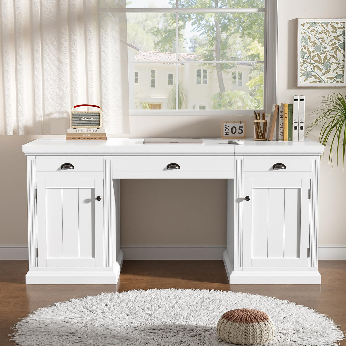 GDFStudio 67" Modern Executive Desk with Storage, White Computer Desk with 2 Doors Cabinet and 3 Drawers, Home Office Writing Desk with USB Ports and Power Outlets, Large Workstation for Study,Office
